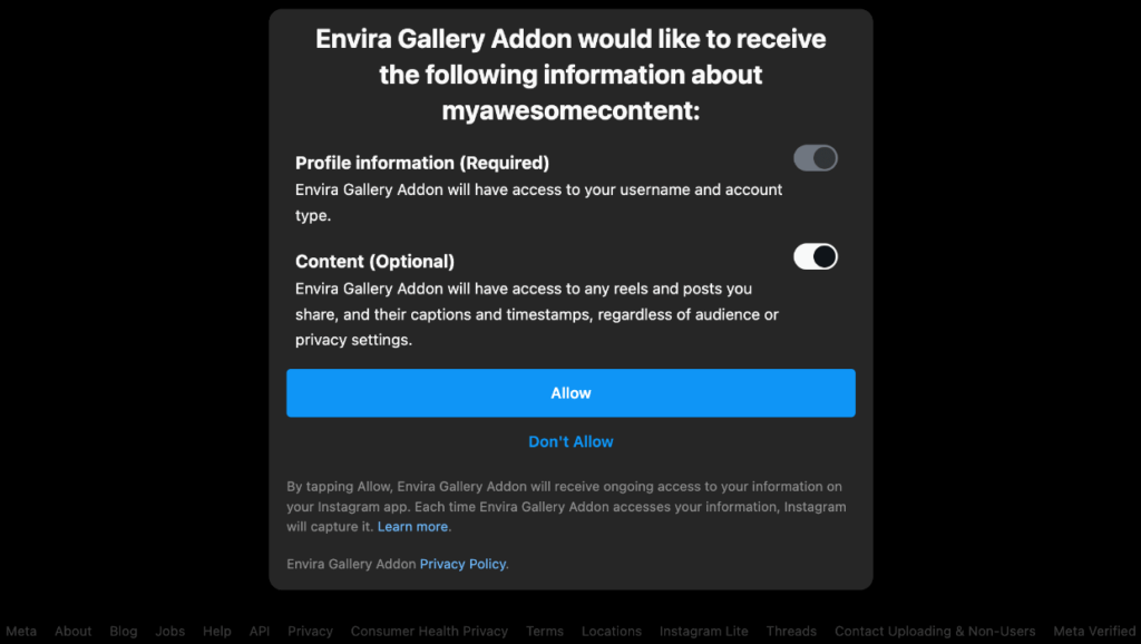 envira-gallery-authenticate-instagram-allow 1 1 1 - Envira Gallery Envira Gallery - press Allow to authenticate with Instagram account